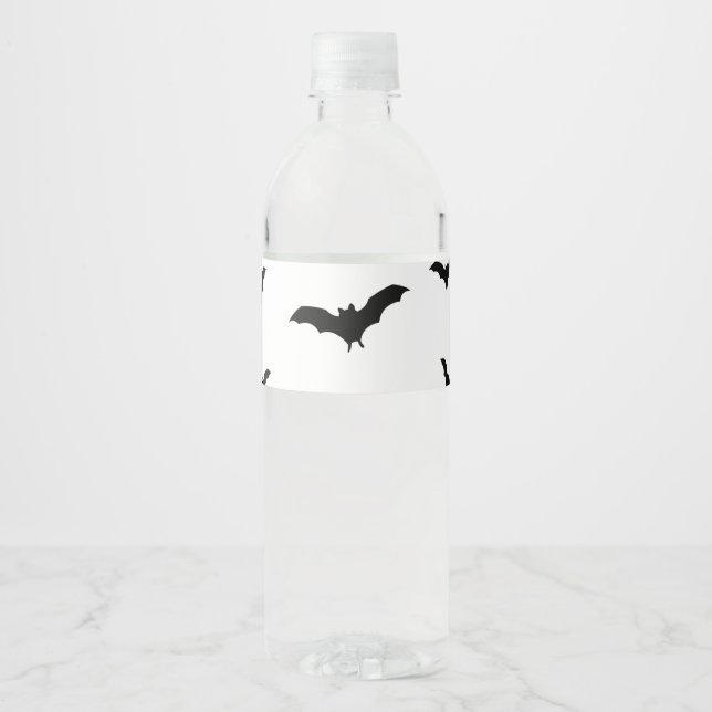 Black Bats & White Cute Halloween Party Chic Water Bottle Label (Front)