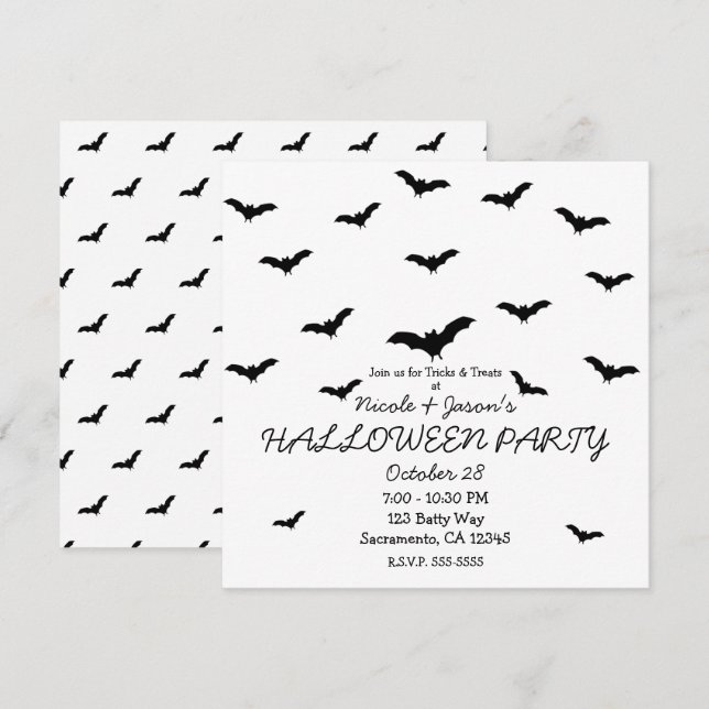 Black Bats & White Cute Halloween Party Invitation (Front/Back)