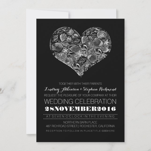Black beach wedding invitation with seashells (Front)