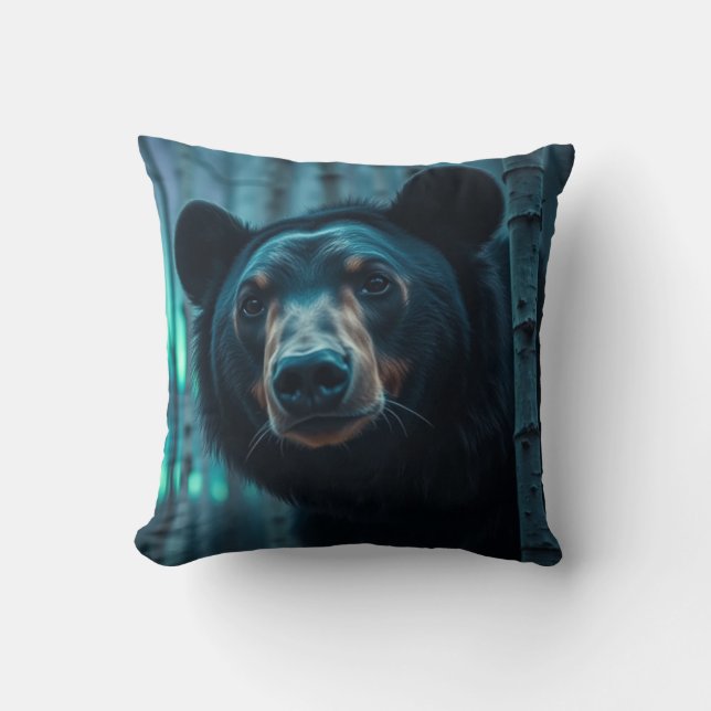 Black Bear and Aurora Art Cushion (Front)