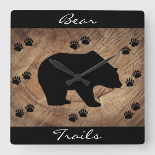 Black Bear And Bear Paws Square Wall Clock