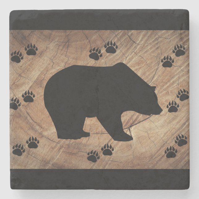 Black Bear And Bear Paws Stone Coaster (Front)