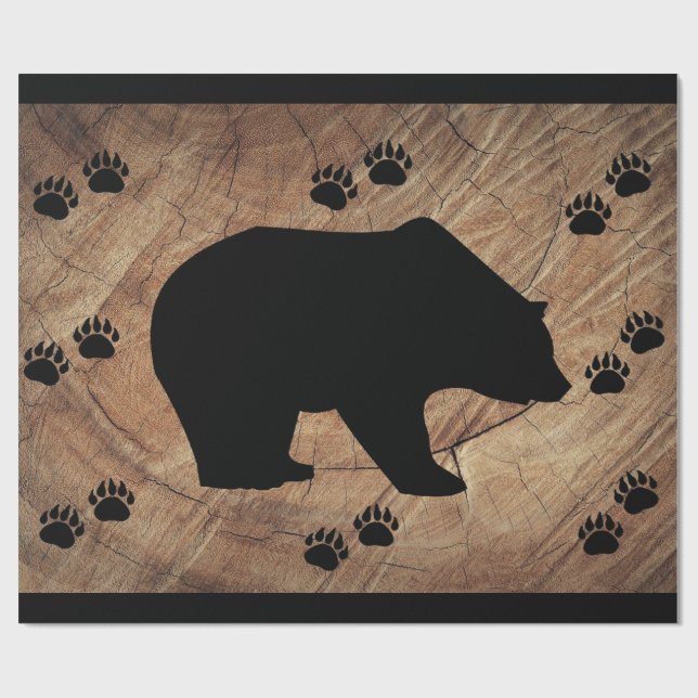 Black Bear And Bear Paws Wrapping Paper (Flat)