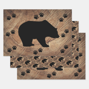 Black Bear And Bear Paws Wrapping Paper Sheet