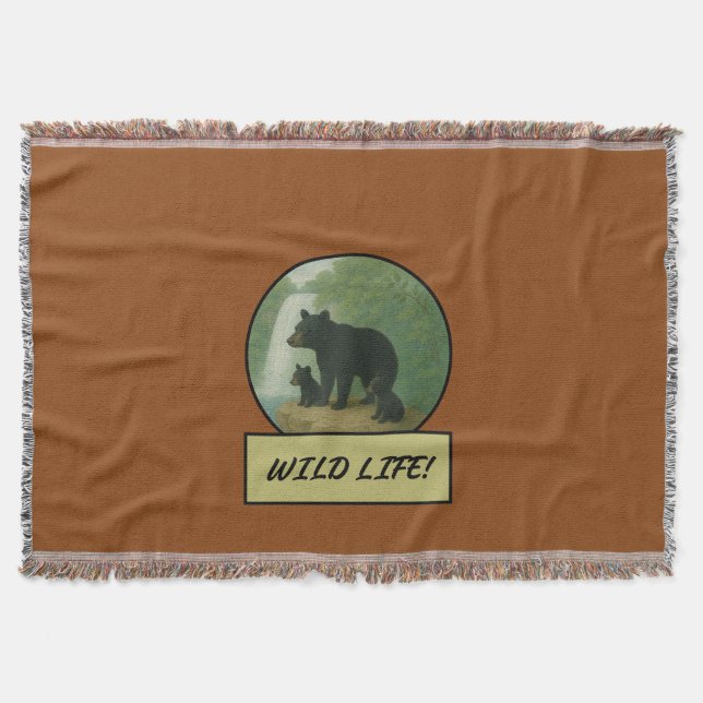 Black Bear And Cubs Saddle Brown Throw Blanket (Front)