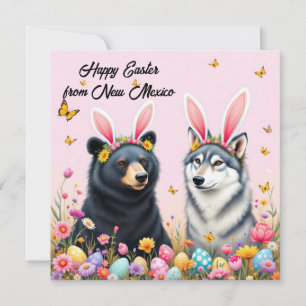 Black bear and grey wolf with rabbit ears holiday card