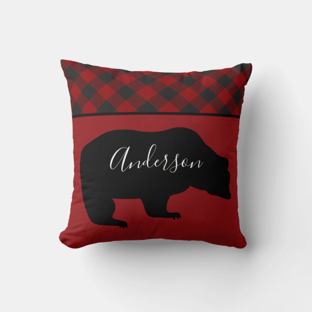 Black bear and plaid personalised throw pillow (Front)