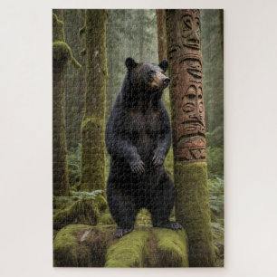 Black Bear and Totem Pole Wildlife Art Jigsaw Puzzle