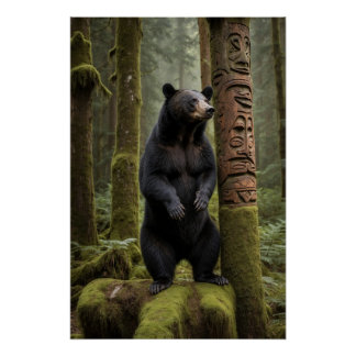 Black Bear and Totem Pole Wildlife Art Poster