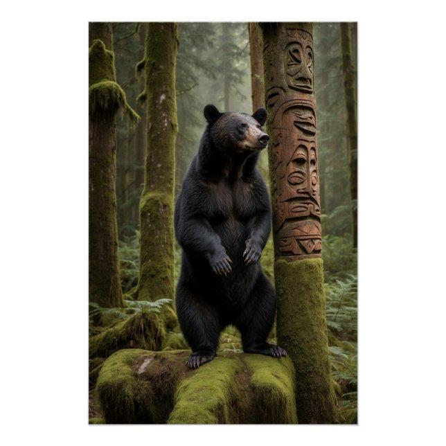 Black Bear and Totem Pole Wildlife Art Poster (Front)