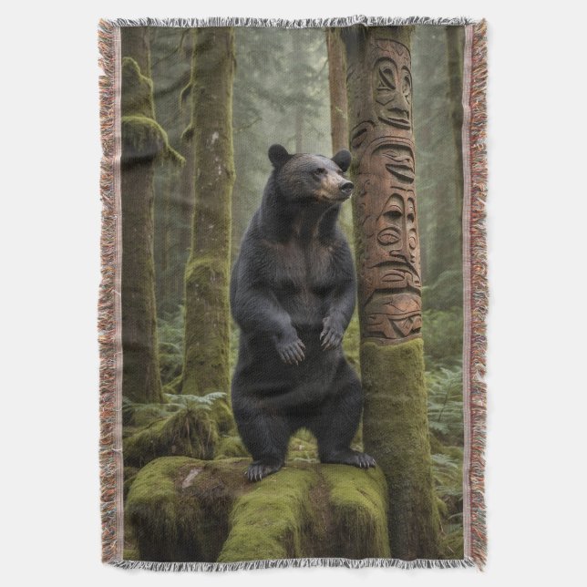 Black Bear and Totem Pole Wildlife Art Throw Blanket (Front Vertical)
