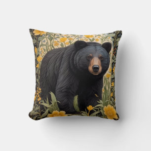 Black Bear And Yellow Buttercup Flowers Cushion
