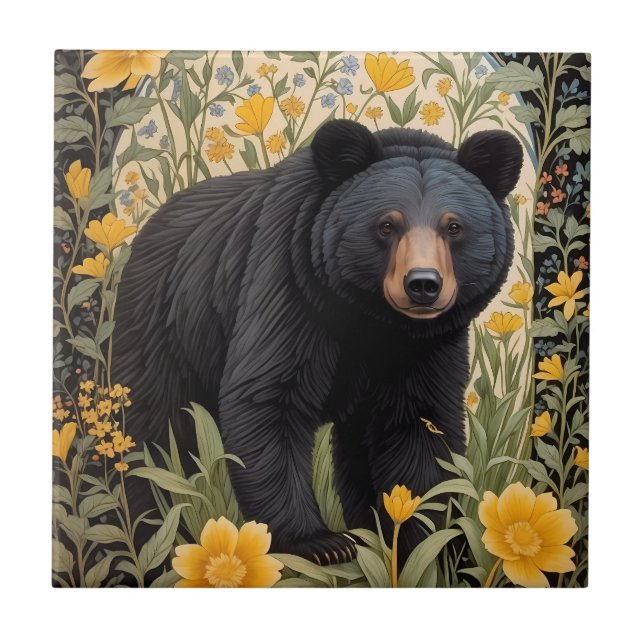Black Bear And Yellow Buttercup Flowers Tile (Front)