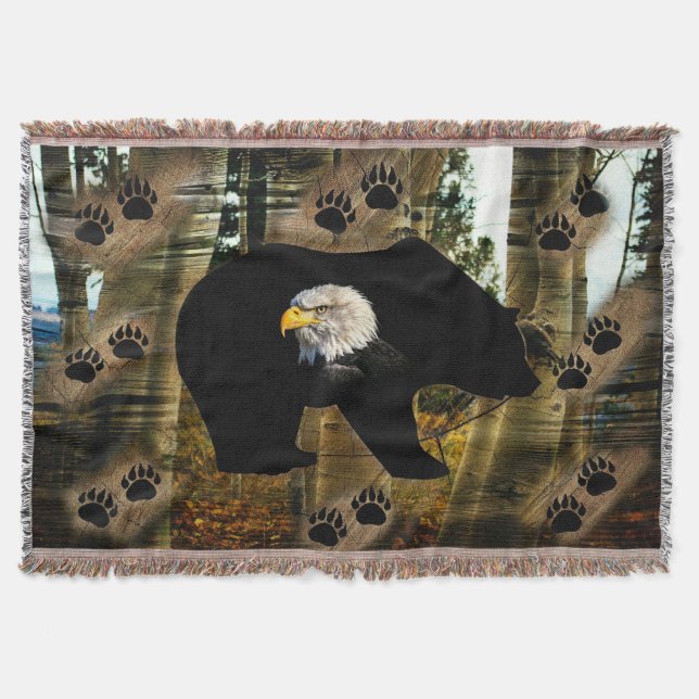 Black Bear Bald Eagle Bear Paw Prints Throw Blanket (Front)