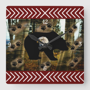 Black Bear Bald Eagle Bear Paw Prints Wilderness Square Wall Clock