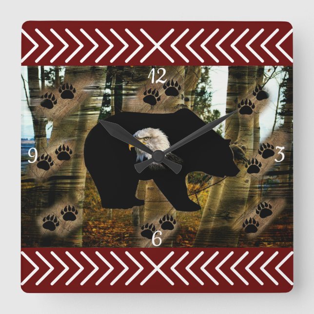 Black Bear Bald Eagle Bear Paw Prints Wilderness Square Wall Clock (Front)