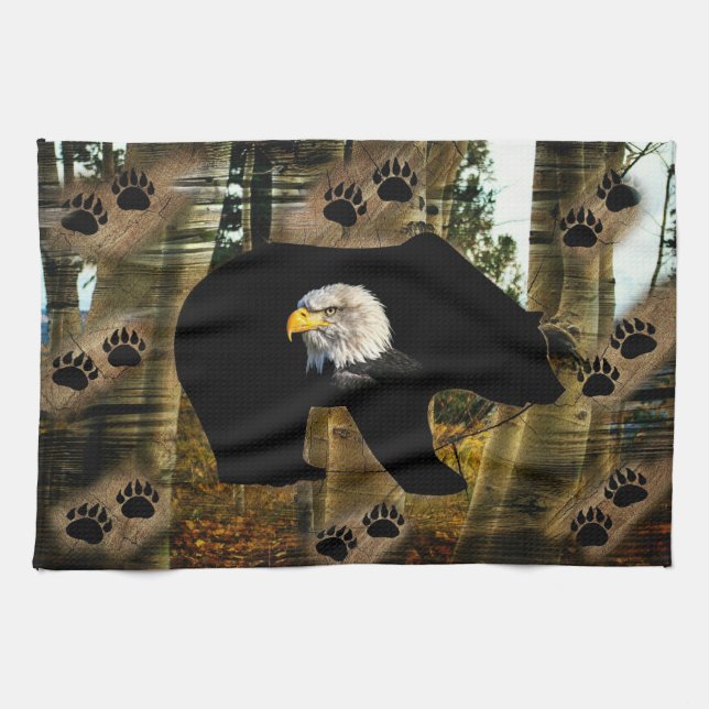 Black Bear Bald Eagle Bear Paw Prints Wilderness Tea Towel (Horizontal)