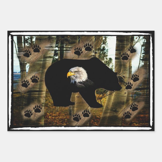 Black Bear Bald Eagle Bear Paw Prints Wilderness Wrapping Paper Sheet (Front)