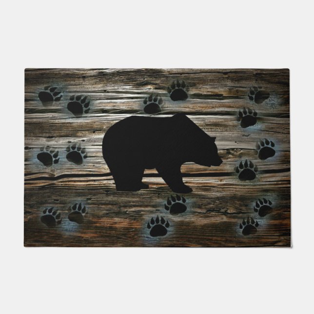 Black Bear Black Bear Paws Rustic Wood Doormat (Front)