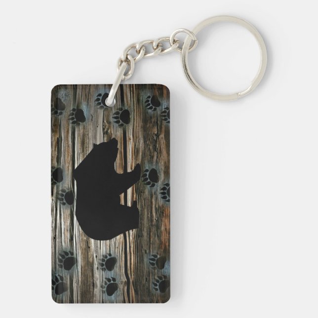 Black Bear Black Bear Paws Rustic Wood Key Ring (Back)