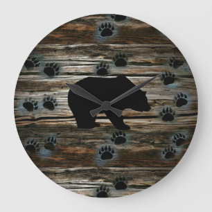 Black Bear Black Bear Paws Rustic Wood Large Clock