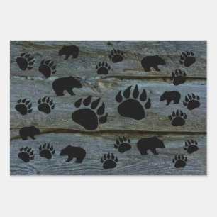 Black Bear Black Bear Paws Rustic Wood Wrapping Paper Sheet