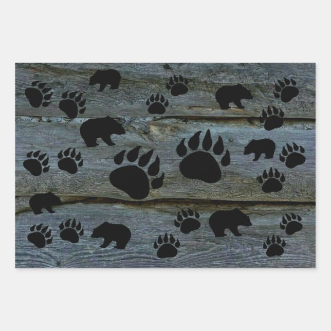 Black Bear Black Bear Paws Rustic Wood Wrapping Paper Sheet (Front)