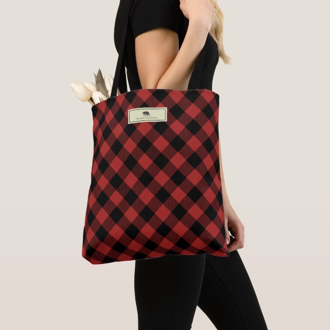 Black Bear Buffalo Plaid Personalised Tote Bag (Close Up)