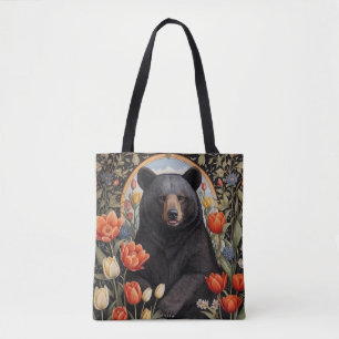 Black Bear Colorful Tulip Flowers Tote Bag