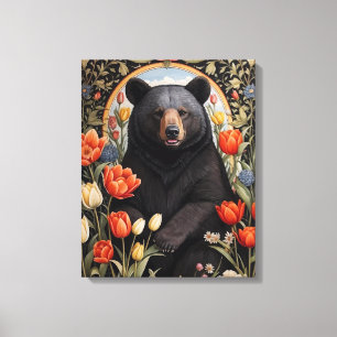 Black Bear Colourful Tulip Flowers Canvas Print