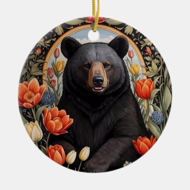 Black Bear Colourful Tulip Flowers Ceramic Tree Decoration (Front)
