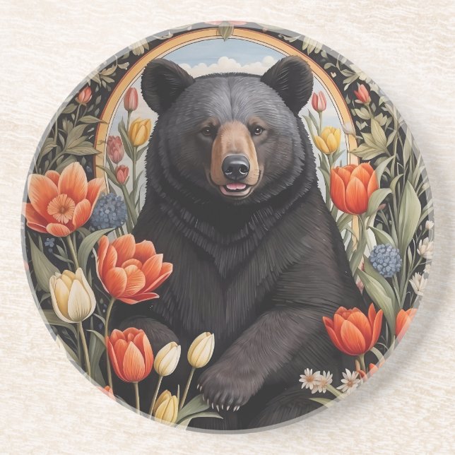 Black Bear Colourful Tulip Flowers Coaster (Front)