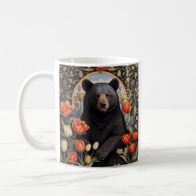 Black Bear Colourful Tulip Flowers Coffee Mug (Left)