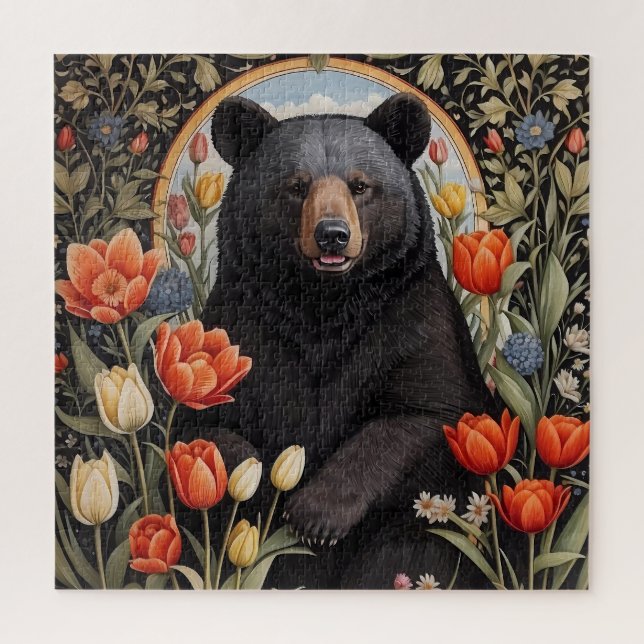 Black Bear Colourful Tulip Flowers Jigsaw Puzzle (Vertical)