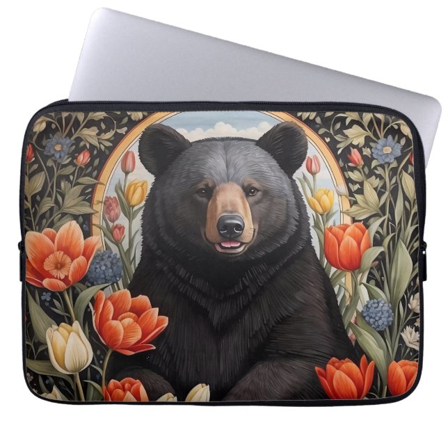 Black Bear Colourful Tulip Flowers Laptop Sleeve (Front)