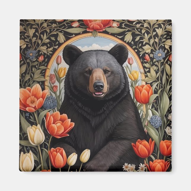 Black Bear Colourful Tulip Flowers Magnet (Front)