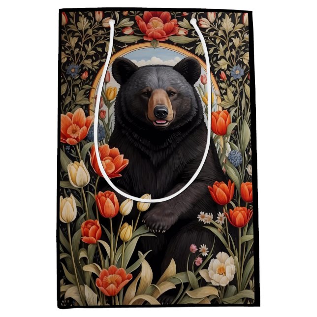 Black Bear Colourful Tulip Flowers Medium Gift Bag (Front)
