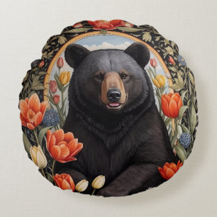Black Bear Colourful Tulip Flowers Round Cushion