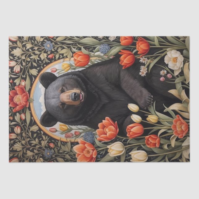 Black Bear Colourful Tulip Flowers Tissue Paper (Front)