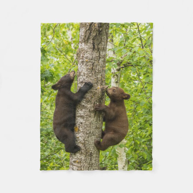 Black Bear Cubs Climbing Tree Fleece Blanket (Front)