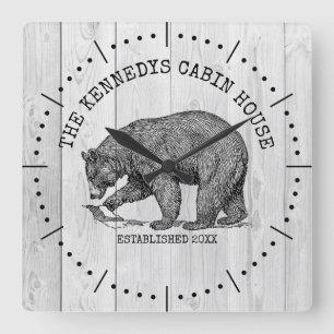 Black Bear Family Name Grey Wood Cabin House  Square Wall Clock