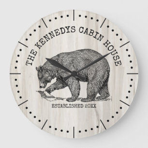 Black Bear Family Name Natural Wood Cabin House Large Clock
