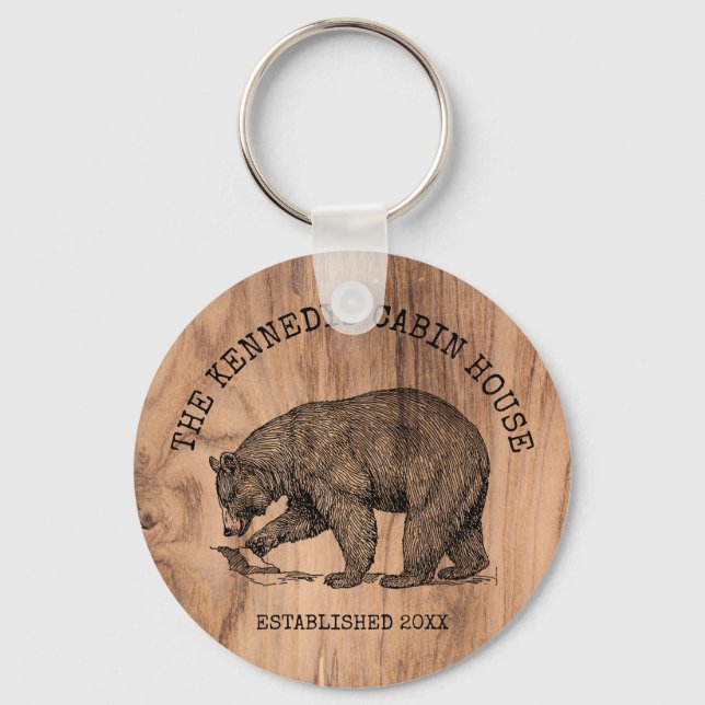 Black Bear Family Name Rustic Wood Cabin House  Key Ring (Front)
