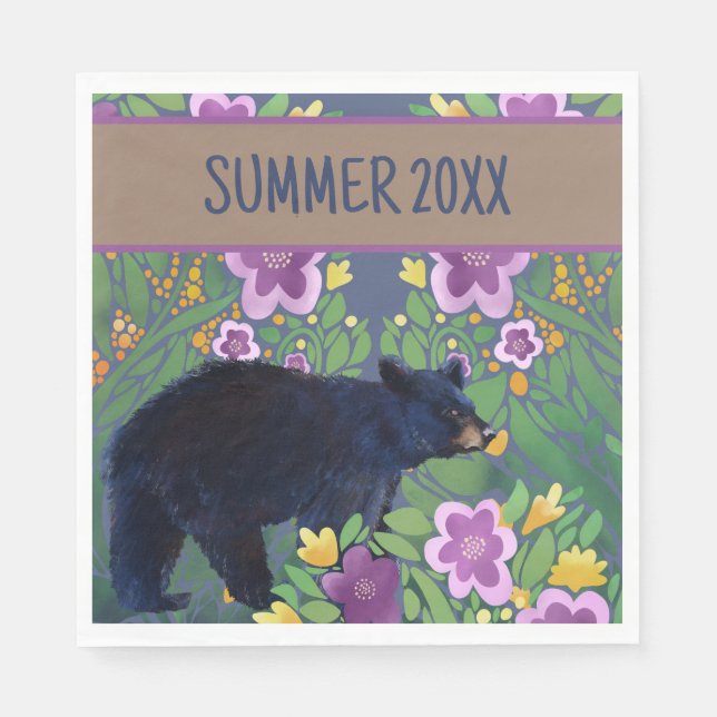 Black Bear Floral Paper Napkin (Front)