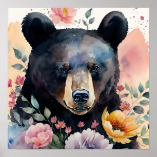 Black Bear Floral Watercolor Portrait Poster