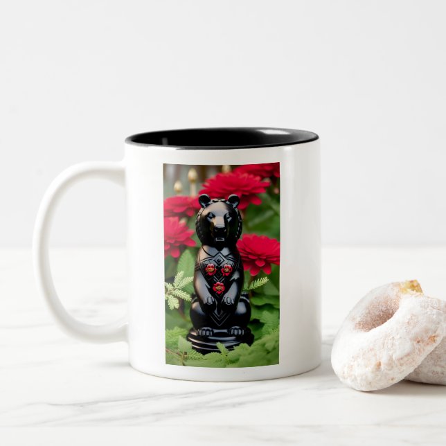 Black bear game player Two-Tone coffee mug (With Donut)
