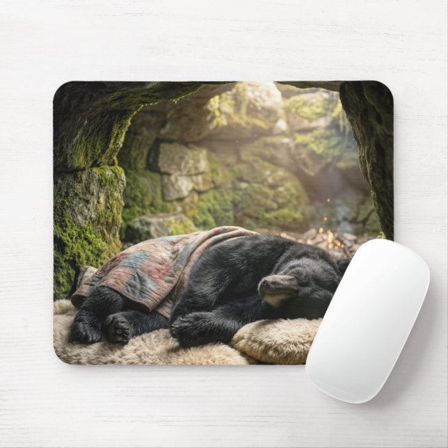 Black Bear Hibernating Under a Quilt Mouse Mat (With Mouse)