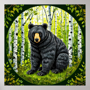 Black Bear in a Birch Forest Poster