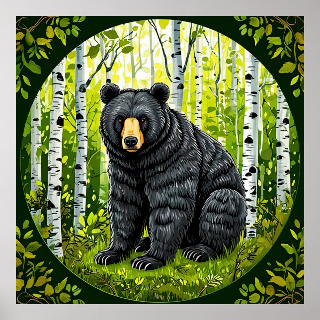 Black Bear in a Birch Forest Poster (Front)