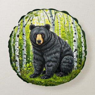 Black Bear in a Birch Forest Round Cushion